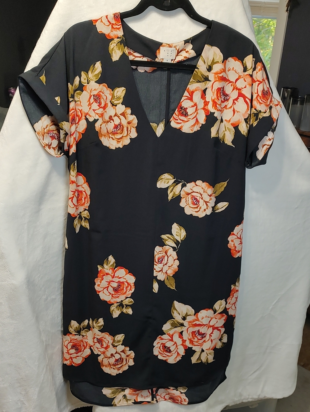 a new day Black Shift Dress with Coral and Cream Floral Print